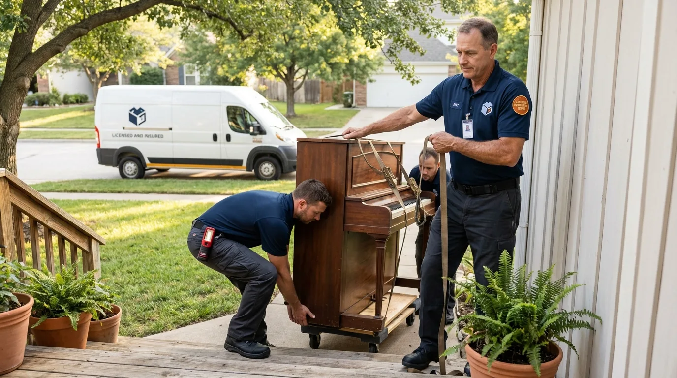 Licensed piano movers securing grand piano in Dacono, CO