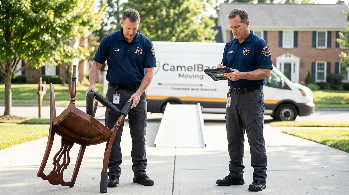 Movers inspecting furniture for damage prevention before loading in Dacono, CO