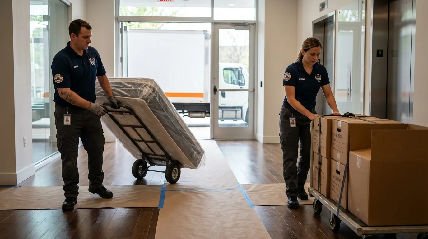 Professional apartment movers loading elevator in Dacono, CO